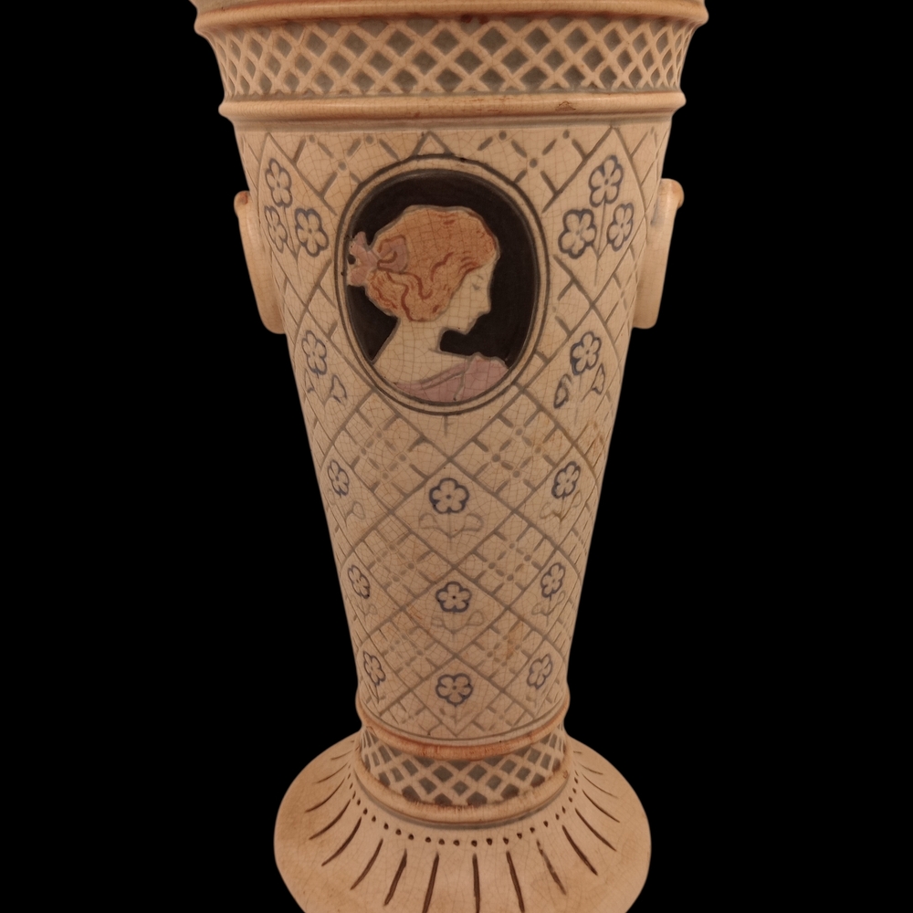 Weller Ethel 10.5" Trumpet Vase W/Cameos Named For Weller's Daughter Ethel